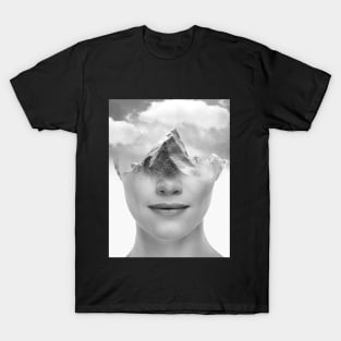 Black and white portrait of a dreaming girl in collage style T-Shirt